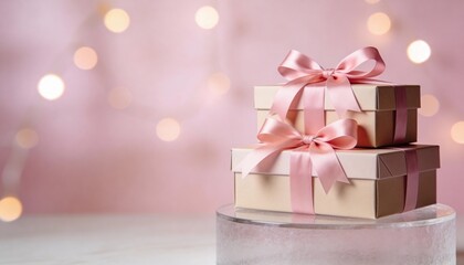 Stack of gift delivery boxes with pink ribbons on frosted glass podium with bokeh lights festive concept