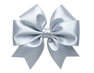 Close-up of a silver satin ribbon bow with defined folds and a tied center