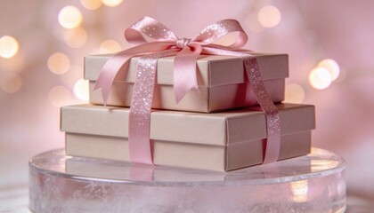 Stack of gift delivery boxes with pink ribbons on frosted glass podium with bokeh lights festive concept