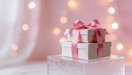 Stack of gift delivery boxes with pink ribbons on frosted glass podium with bokeh lights festive concept