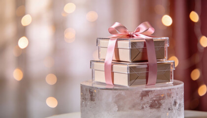 Stack of gift delivery boxes with pink ribbons on frosted glass podium with bokeh lights festive concept