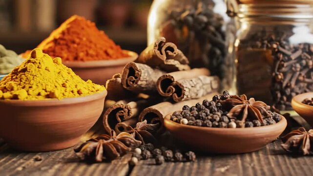 Assortment of aromatic spices and herbs in bowls on a rustic wooden table including turmeric cinnamon and saffron