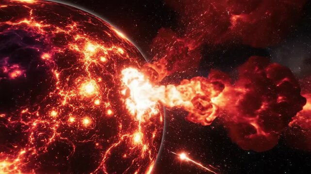Planet Explosion in Space - A fiery, red planet appears to explode in space with plumes of fire and debris shooting outwards.