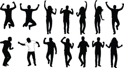 Jumping Dancing People Silhouettes Set of Men and Women Celebrating Energy Motion Party Black Vector Illustration Isolated White Background Design
