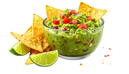 A glass bowl overflows with guacamole, surrounded by chips and lime wedges, on black