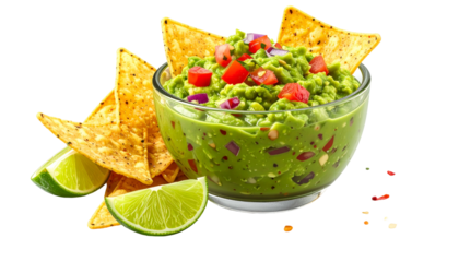 A glass bowl overflows with guacamole, surrounded by chips and lime wedges, on black