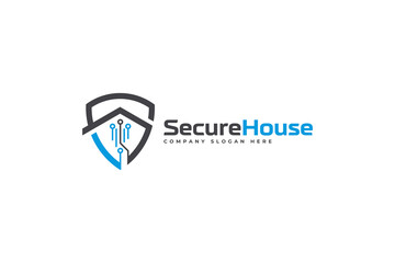 Home Protect logo design template. Vector shield and house logotype illustration. Graphic home security icon label. Modern building alarm symbol. Security sign badge