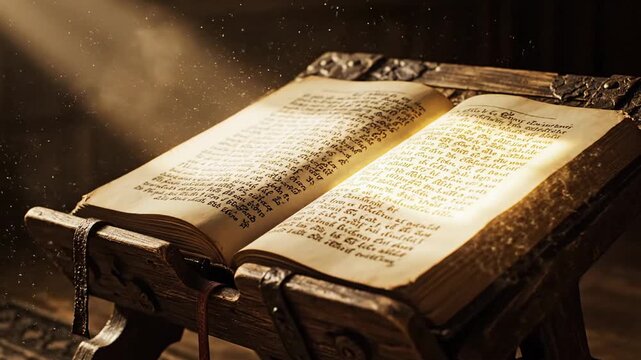Ancient open book or bible on wooden lectern illuminated by divine light beam with floating dust particles in dark atmospheric room
