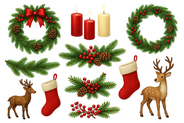 Png set of christmas decor with wreaths, candles, stockings, reindeer and berries isolated on transparent background. concept of festive holiday elements, seasonal winter decorations.