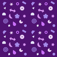 Seamless Cosmic Purple Memphis Pattern with Lavender Geometric Shapes - Dark Mode Background for Creative Projects