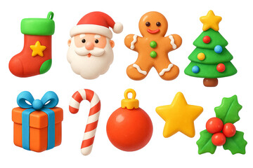 Fototapeta premium Png collection of 3d christmas symbols featuring santa, tree, stocking, and more isolated on transparent background. concept of festive decor, holiday icons, winter celebration elements.