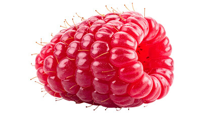 Close-up of a vibrant red, ripe berry with textured surface, isolated on black