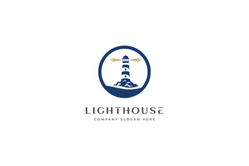 Lighthouse with rock and rays logo design vector inspiration.