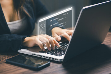 A professional types on a laptop with an AI chat interface overlay, representing artificial intelligence assistants, smart communication, automated support, digital productivity.