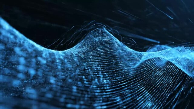 Abstract Blue Particle Wave - This video features an abstract blue wave formed from numerous small particles, set against a dark background.