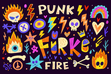 Colorful punk rock illustration with skulls flames lightning and artistic lettering
