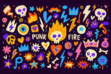 Colorful punk rock themed doodle art with skulls crowns and lightning bolts