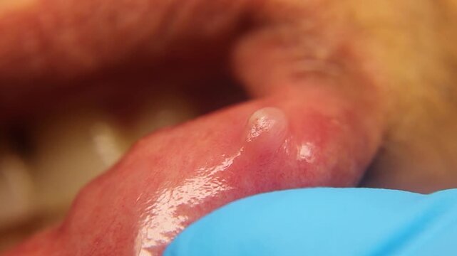 Close-up of inner lip connective tissue formed by excessive wound healing. Medical concept showing oral fibrosis and scar tissue, Ideal for dentistry, pathology, oral surgery education and healthcare.