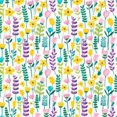 Seamless floral pattern with colorful hand-drawn spring flowers and leaves on white background. Fresh, playful design ideal for textiles, stationery, wrapping paper, and cheerful decor
