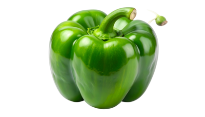 A close-up studio shot of a vibrant green bell pepper on a transparent background