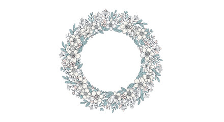 Beautiful hand-drawn circular floral wreath with delicate white flowers and blue-gray leaves perfect for wedding invitations.