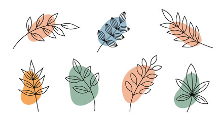Collection of hand-drawn botanical branches and leaves with abstract pastel color shapes for modern minimalist wall art decor.