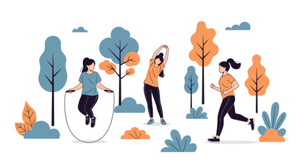 Group of young women enjoying a healthy lifestyle by exercising outdoors in a park with running jumping rope and stretching.