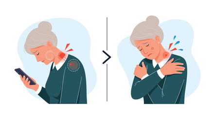 An illustration showing an elderly woman developing severe neck and shoulder pain from looking down at her smartphone for too long.