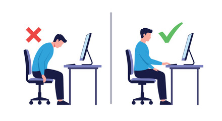 An infographic showing the correct and incorrect posture for a man working at a computer to prevent back pain and promote ergonomics.