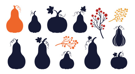 A collection of autumn harvest elements featuring pumpkin and gourd silhouettes with colorful berry branches for fall decorations.