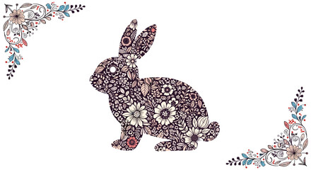 An elegant rabbit silhouette filled with a beautiful and intricate floral pattern on a clean white background with corner ornaments.