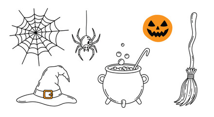 A set of hand-drawn black and white doodle icons for Halloween including a witch hat cauldron spider web and jack-o-lantern.
