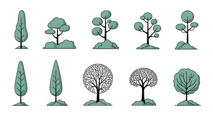 A diverse collection of stylized tree icons and silhouettes for landscape design including both lush and bare winter tree illustrations.