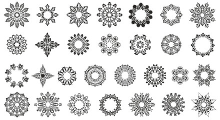 A large collection of intricate and decorative hand-drawn snowflake and mandala designs perfect for winter and holiday projects.