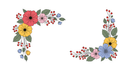 Hand-drawn colorful floral corner arrangements with beautiful blossoms leaves and berries isolated on a white background for design.