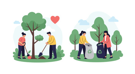 People caring for the environment by planting trees and collecting garbage for recycling as part of a volunteer conservation effort.