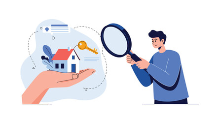 Real estate concept with a man using a magnifying glass to inspect a house and key symbolizing searching for a new property.