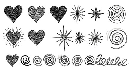 Big set of black hand-drawn doodle elements including scribble hearts stars and spirals for design isolated on white background.