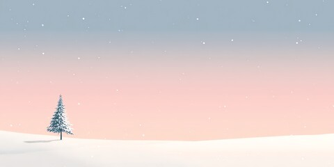Minimalist winter forest background featuring soft pastel pink sky, scattered tiny snowflakes, dark green pine trees and large empty negative space