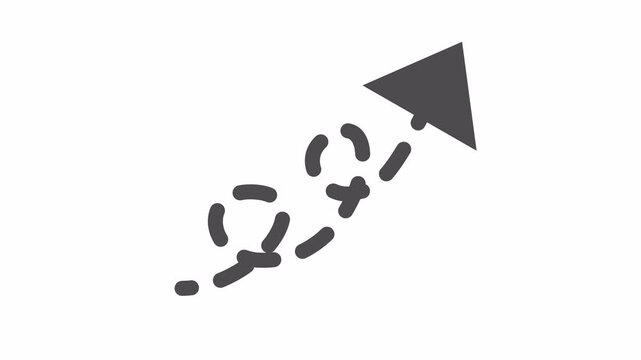 Animated dashed curved arrow pointing direction in transparent background. Navigation line art in a cartoon animation. Minimalist progress performance symbol.
