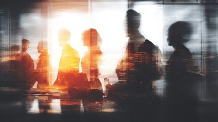 Fototapeta premium Business professionals are gathered in a conference room at sunset. Some are standing while others are seated. The warm light creates a unique atmosphere for discussion and collaboration.