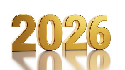 Golden three dimensional year 2026 on reflective white surface
