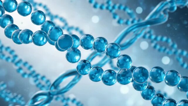 Abstract DNA Strand Visualization - A digitally video video showcases a double helix DNA strand with blue spherical structures, representing genetic material and molecular biology.