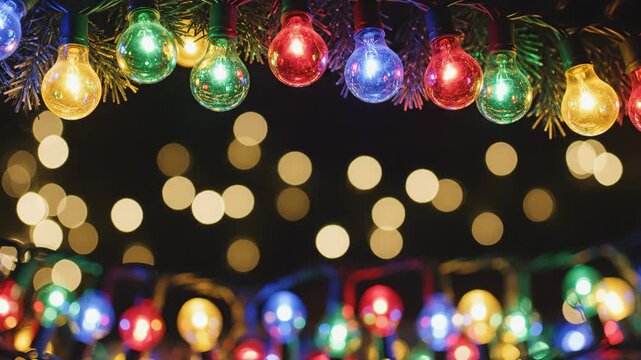 Festive Holiday Lights Garland - A festive arrangement of colored globe string lights illuminates the video.