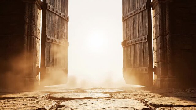 Massive ancient wooden double doors opening slowly to reveal blinding bright sunlight and atmospheric fog in dark stone dungeon