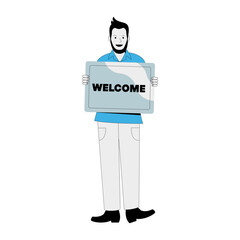Friendly man holding a welcome sign invites customers with a warm greeting for businesses, hospitality, and events, conveying approachability and positive reception
