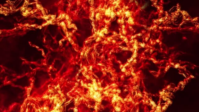 Fire Worms Abstract Background 4K Loop features abstract glossy lines of differing thicknesses moving around in a red and yellow atmosphere in an energetic loop.
