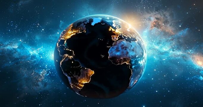 A stunning view of earth from space showcasing city lights against the dark backdrop of a vibrant galaxy 4K VIDEO