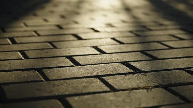 Close-up of sunlit rectangular paving stones forming a repeating geometric pattern on a sidewalk, with long dramatic shadows at golden hour adding depth and urban atmosphere