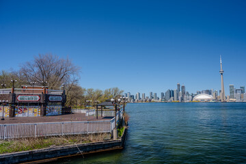 Waterfront patio and skyline view of Toronto across the harbor